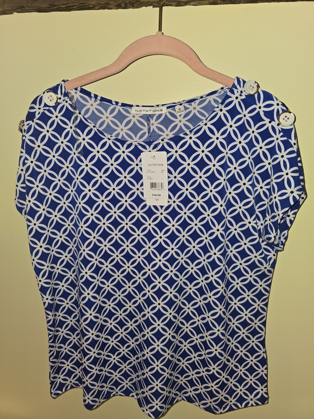 Notations Blue Geometric Button-Shoulder Women’s Top
